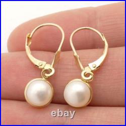14K Yellow Gold Bezel Set White Pearl Leverback Dangle Earrings 7mm