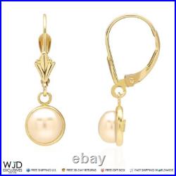 14K Yellow Gold Bezel Set White Pearl Leverback Dangle Earrings 7mm