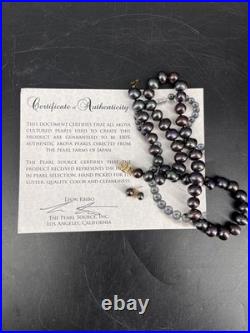 14K Yellow Gold Black Japan Pearl Necklace Stud Earrings Set with Cert