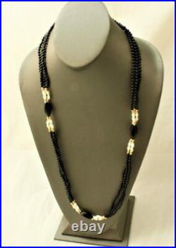 14K Yellow Gold Black Onyx Freshwater Pearls Necklace Bracelet Jewelry Set of 2