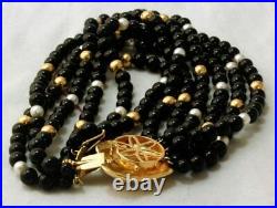 14K Yellow Gold Black Onyx Freshwater Pearls Necklace Bracelet Jewelry Set of 2