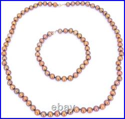 14K Yellow Gold Bronze Copper Freshwater Pearl Necklace 18 Bracelet 7.5 Set