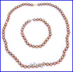 14K Yellow Gold Bronze Copper Freshwater Pearl Necklace 18 Bracelet 7.5 Set