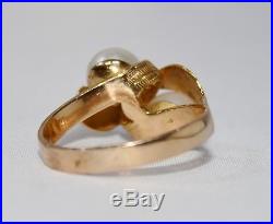 14K Yellow Gold Cathedral Set Textured Leaf Wrapped Dual Pearl Cocktail Ring 8.2