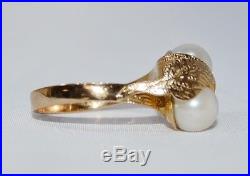 14K Yellow Gold Cathedral Set Textured Leaf Wrapped Dual Pearl Cocktail Ring 8.2