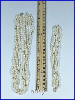 14K Yellow Gold Clasp & Beads 5 Strand Seed Pearl Bracelet and Necklace Set