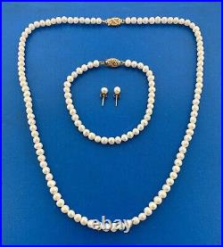 14K Yellow Gold Cultured Pearl Necklace Bracelet Stud Earrings Set