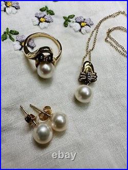 14K Yellow Gold Diamond & Pearl Earring & Necklace & Ring Set In Box