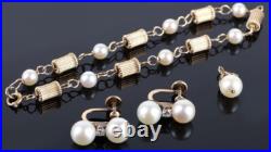 14K Yellow Gold Diamond & Pearl Earring, Pendant & Bracelet Set