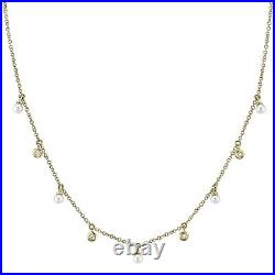 14K Yellow Gold Diamond Pearl Necklace Shaker Dangling Bezel Set Round Cut
