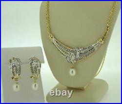 14K Yellow Gold Diamond with Pearl Accent Necklace Pendant & Earrings