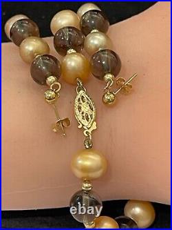 14K Yellow Gold Dyed Peach Pearl & Smokey Quartz Brc & Earring Set 9mm Pearls 7