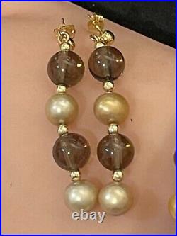 14K Yellow Gold Dyed Peach Pearl & Smokey Quartz Brc & Earring Set 9mm Pearls 7