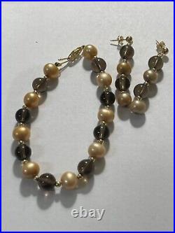 14K Yellow Gold Dyed Peach Pearl & Smokey Quartz Brc & Earring Set 9mm Pearls 7