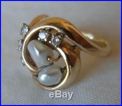 14K Yellow Gold Keshi Pearl Diamond Ring Earring Set 5.9 grms, Size 4.25