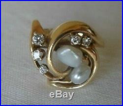 14K Yellow Gold Keshi Pearl Diamond Ring Earring Set 5.9 grms, Size 4.25