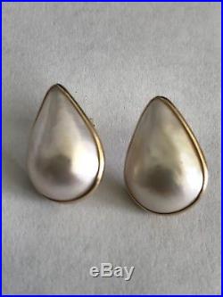 14K Yellow Gold Large Pear Shaped Teardrop Mabe Pearl Earrings Pendant Set