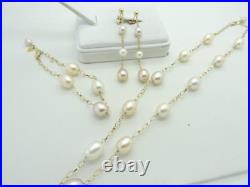 14K Yellow Gold Multi Colored Pearl Earrings Bracelet Necklace Set 25.4 Grams