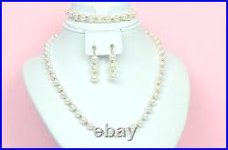 14K Yellow Gold Natural White genuine Pearl Necklace, Bracelet, Earrings Set