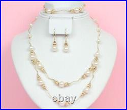 14K Yellow Gold Natural White genuine Pearl Necklace, Bracelet, Earrings Set