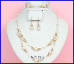 14K Yellow Gold Natural White genuine Pearl Necklace, Bracelet, Earrings Set