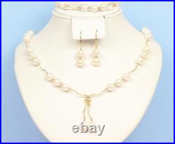 14K Yellow Gold Natural White genuine Pearl Necklace, Bracelet, Earrings Set