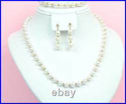 14K Yellow Gold Natural White genuine Pearl Necklace, Bracelet, Earrings Set