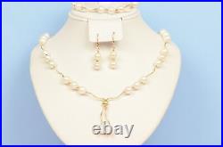 14K Yellow Gold Natural White genuine Pearl Necklace, Bracelet, Earrings Set