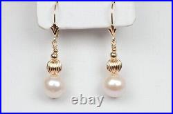 14K Yellow Gold Natural White genuine Pearl Necklace, Bracelet, Earrings Set