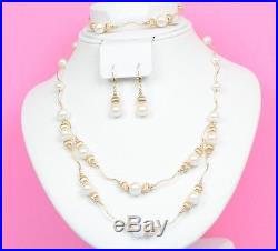 14K Yellow Gold Natural White genuine Pearl Necklace, Bracelet, Earrings Set