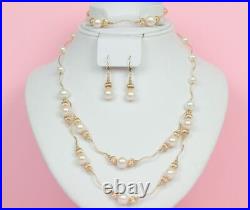 14K Yellow Gold Natural White genuine Pearl Necklace, Bracelet, Earrings Set