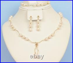 14K Yellow Gold Natural genuine White Pearl Necklace, Bracelet, Earrings Set