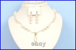 14K Yellow Gold Natural genuine White Pearl Necklace, Bracelet, Earrings Set