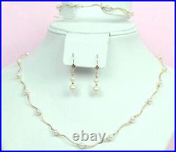 14K Yellow Gold Natural genuine White Pearl Necklace, Bracelet, Earrings Set