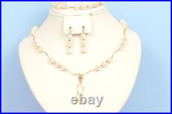 14K Yellow Gold Natural genuine White Pearl Necklace, Bracelet, Earrings Set