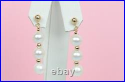 14K Yellow Gold Natural genuine White Pearl Necklace, Bracelet, Earrings Set