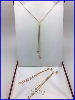 14K Yellow Gold Necklace & Earrings Jewelry Set with Pink Heart Zirconia 6 grams