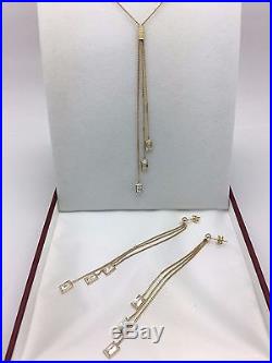14K Yellow Gold Necklace & Earrings Jewelry Set with White Rectangle Zirconia 7.4g