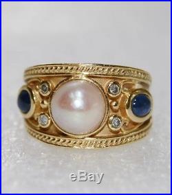 14K Yellow Gold Ornate Bezel Set Pearl, Diamond & Cabochon Sapphire Dome Ring