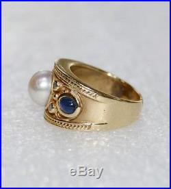14K Yellow Gold Ornate Bezel Set Pearl, Diamond & Cabochon Sapphire Dome Ring 5