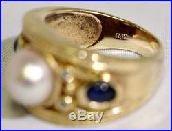 14K Yellow Gold Ornate Bezel Set Pearl, Diamond & Cabochon Sapphire Dome Ring 5