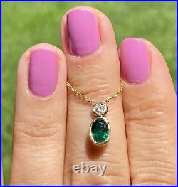 14K Yellow Gold Oval Emerald Brilliant Diamond Bezel-Set Pendant Chain Necklace