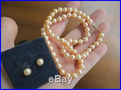 14K Yellow Gold Peach Pearl 18 Necklace & Earrings Set 7 mm Perfect Luster NEW