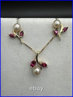 14K Yellow Gold Pearl And Lab Created Ruby Pendant And Earring Set 3.9 Grams