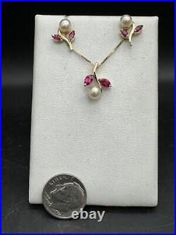 14K Yellow Gold Pearl And Lab Created Ruby Pendant And Earring Set 3.9 Grams