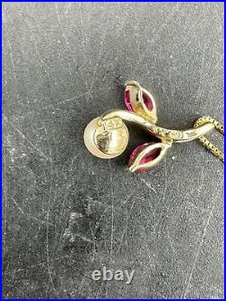 14K Yellow Gold Pearl And Lab Created Ruby Pendant And Earring Set 3.9 Grams