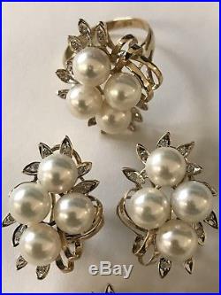 14K Yellow Gold Pearl Diamond Pendant, Earring, Ring Jewelry Set