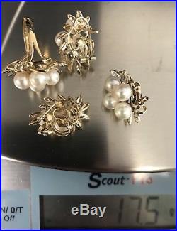 14K Yellow Gold Pearl Diamond Pendant, Earring, Ring Jewelry Set