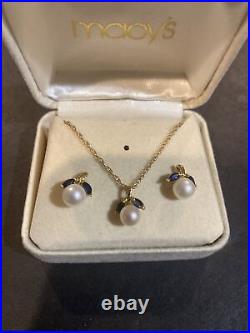 14K Yellow Gold Pearl & Sapphire Necklace Earrings Set