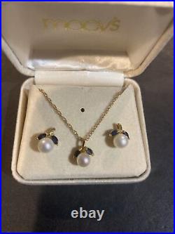 14K Yellow Gold Pearl & Sapphire Necklace Earrings Set